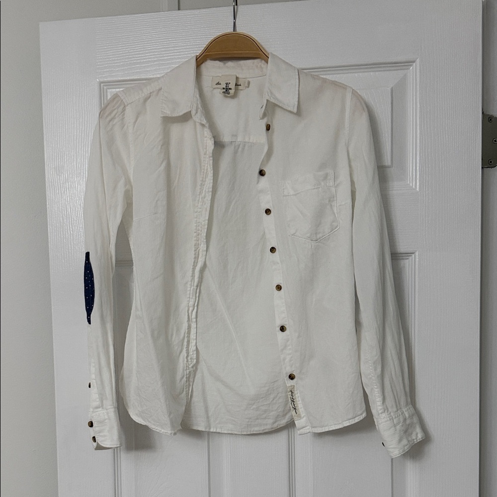 White Button-Up Shirt with Blue Elbow Patch